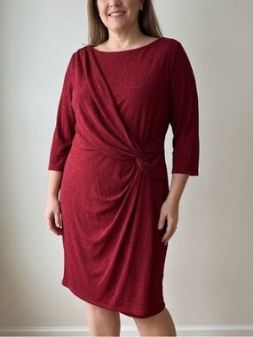 Jessica Howard Red Metallic Glitter Draped Knot Dress Plus Size 24W NWT